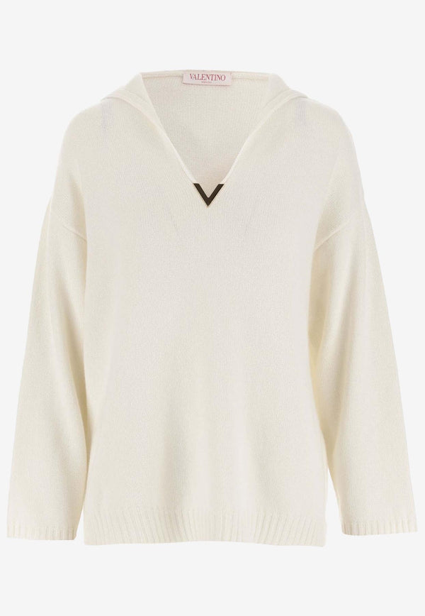 Valentino VGold Knitted Cashmere Sweater with Hood Ivory 3B3KC47W82W A03