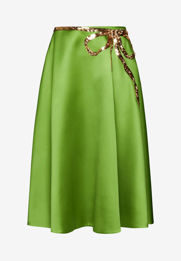 Valentino Satin Flared Midi Skirt with Bow Detail Green 3B3RAA206D1 KG1