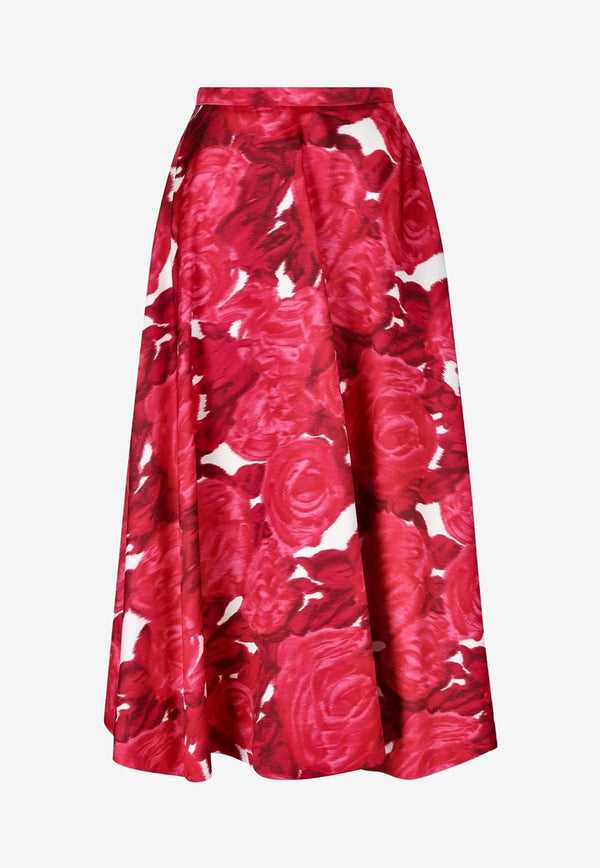 Valentino Rose Print Satin Midi Skirt Pink 3B3RAA2285D MQ4