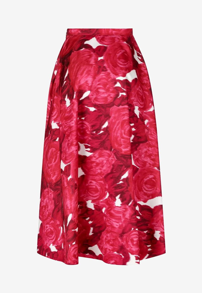 Valentino Rose Print Satin Midi Skirt Pink 3B3RAA2285D MQ4