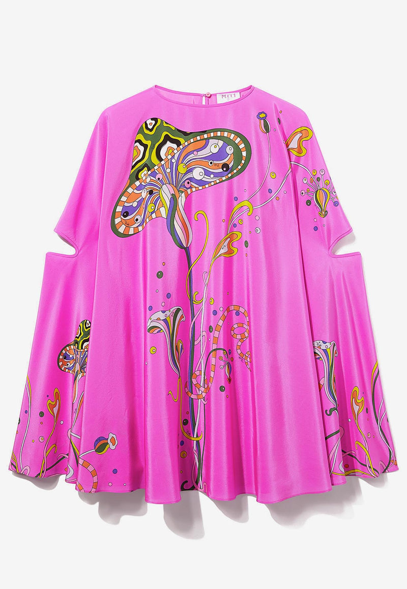 Emilio Pucci Mushroom-Print Silk Capelet Dress Pink 3RRL06 3R783 076