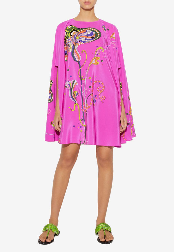 Emilio Pucci Mushroom-Print Silk Capelet Dress Pink 3RRL06 3R783 076
