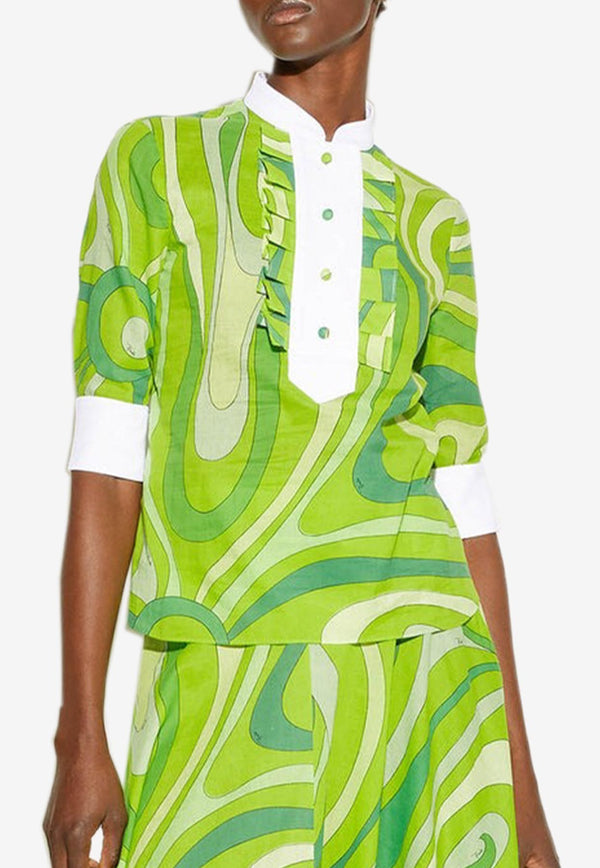 Pucci Marmo-Print Ruffled Yoke Shirt Green 3RRM65 3R764 010