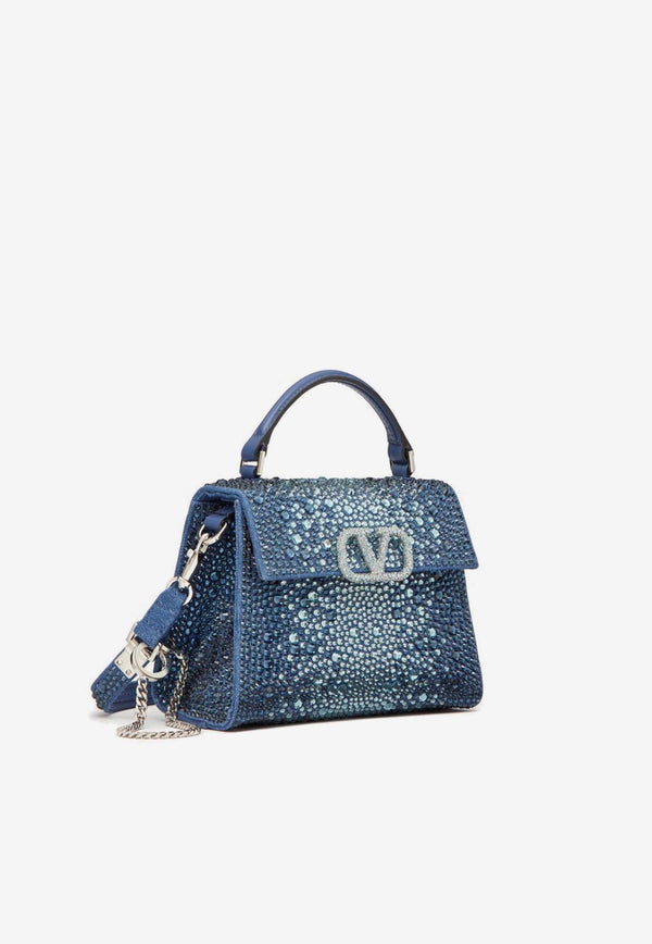 Valentino Mini VSLING Denim Top Handle Bag with Rhinestone Embellishments Blue 3W2B0G97LDZ KEB