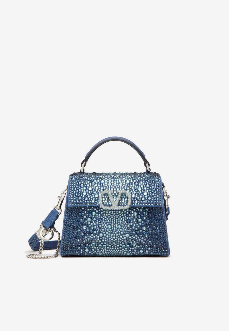 Valentino Mini VSLING Denim Top Handle Bag with Rhinestone Embellishments Blue 3W2B0G97LDZ KEB