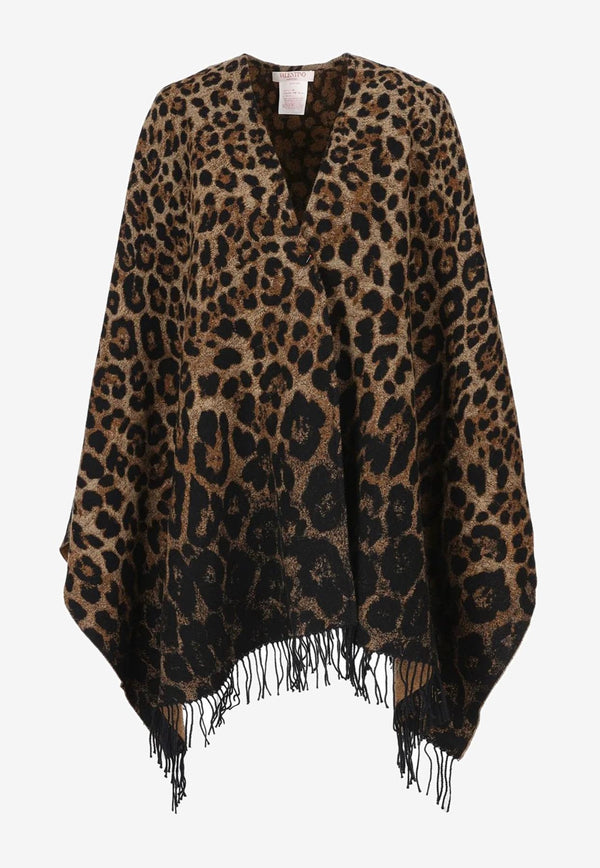 Valentino Leopard Print Poncho in Wool Blend Brown 3W2EA018ZXU AN2