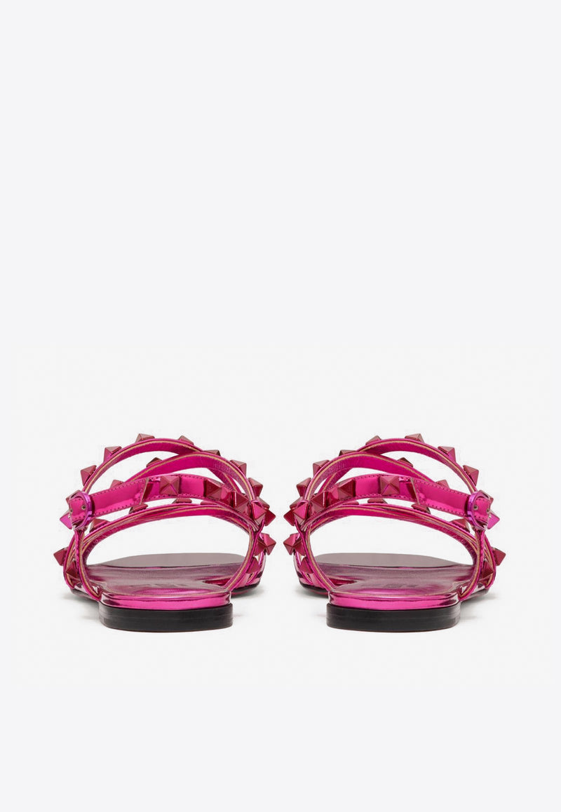 Valentino Rockstud Flat Sandals in Mirror-Effect Leather Pink 3W2S0HR8WRP 39E