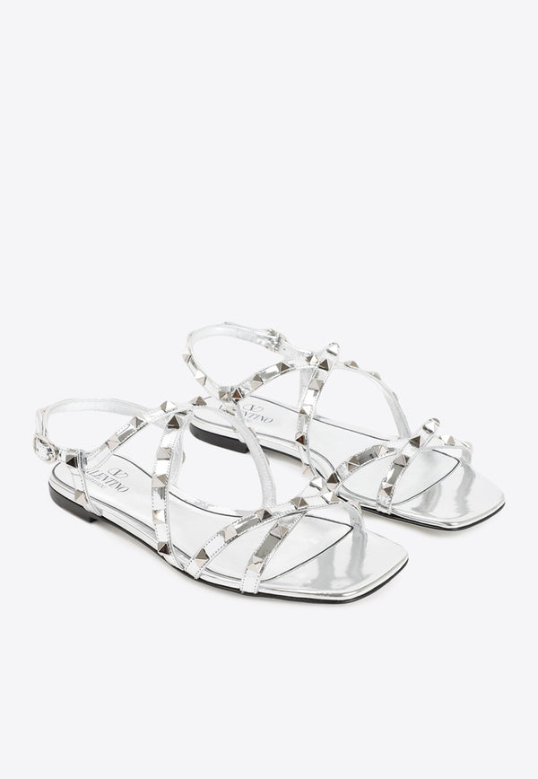 Valentino Rockstud Flat Sandals in Mirror-Effect Leather Silver 3W2S0HR8WRP S13