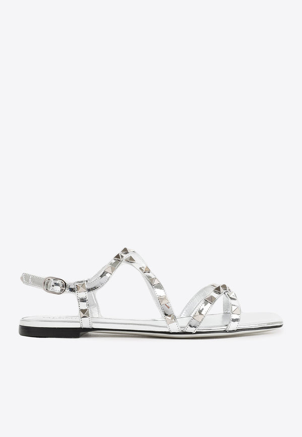 Valentino Rockstud Flat Sandals in Mirror-Effect Leather Silver 3W2S0HR8WRP S13