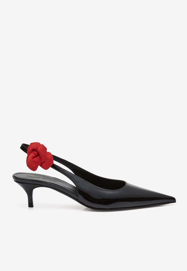 Magda Butrym 50 Rose Applique Slingback Pumps in Calf Leather Black 407724BLACK