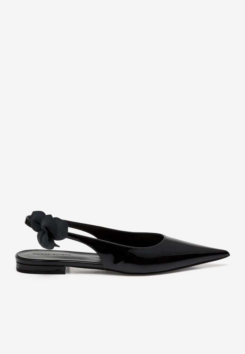 Magda Butrym Rose Applique Slingback Flats in Patent Leather Black 412724BLACK