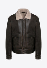 Salvatore Santoro Shearling Collar Vintage Leather Jacket Gray 47556LE/P_SSANT-AS