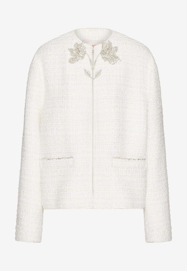 Valentino Floral Embroidered Glaze Tweed Jacket 4B3CE27Q8CA Y5H Ivory