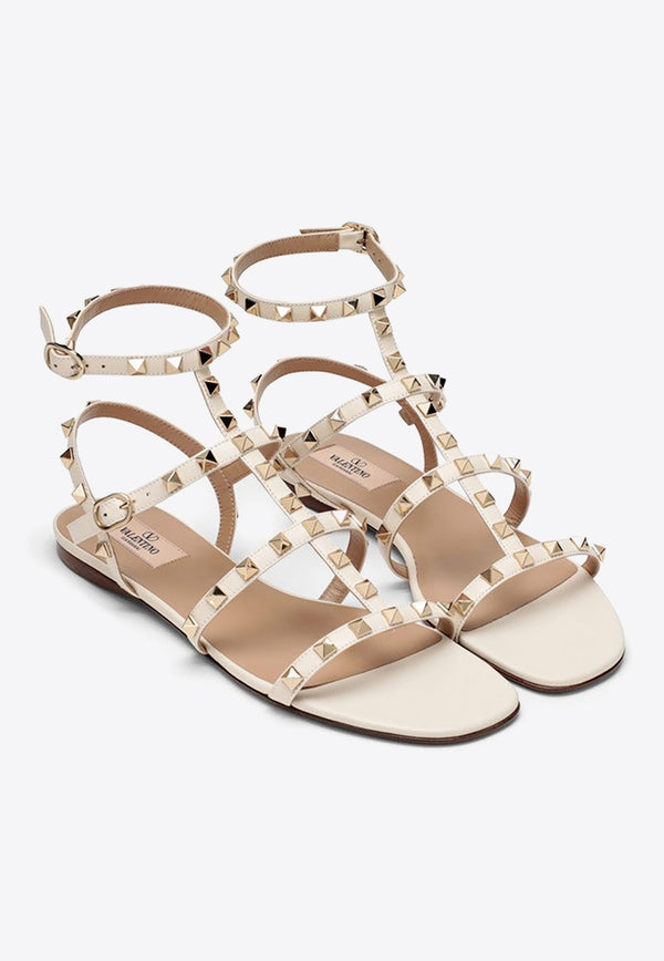 Valentino Rockstud Leather Flat Sandals White 4W2S0A05VOD/O_VALE-I16