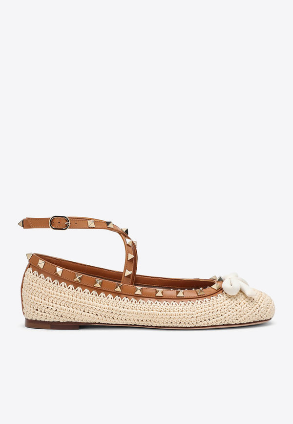 Valentino Rockstud Ballet Flats with Crochet Embroidery Beige 4W2S0HB6DBN/O_VALE-YHN