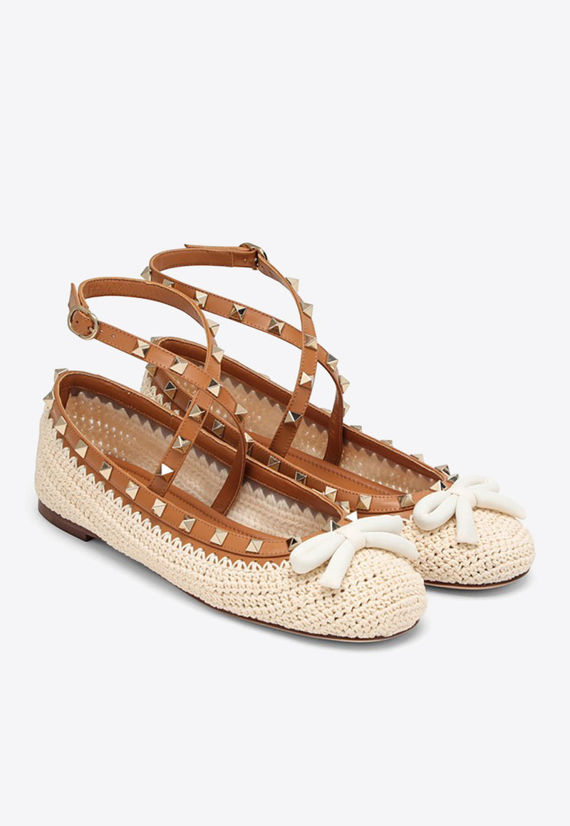 Valentino Rockstud Ballet Flats with Crochet Embroidery Beige 4W2S0HB6DBN/O_VALE-YHN