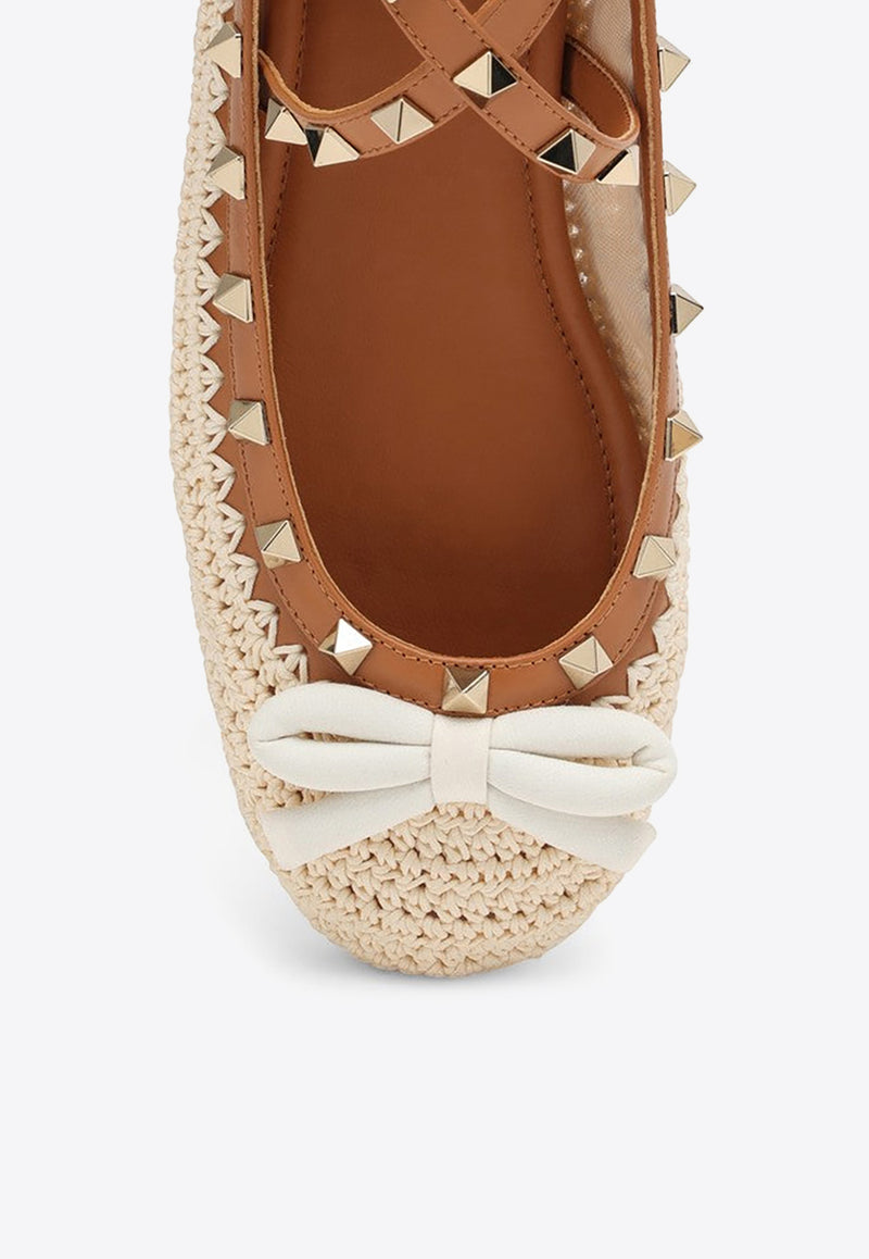 Valentino Rockstud Ballet Flats with Crochet Embroidery Beige 4W2S0HB6DBN/O_VALE-YHN