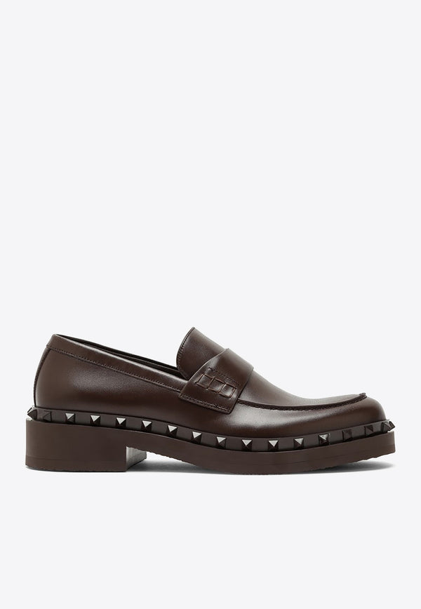 Valentino Rockstud M-way Calfskin Leather Loafers Brown 4Y0S0H64UXL/O_VALE-KG8