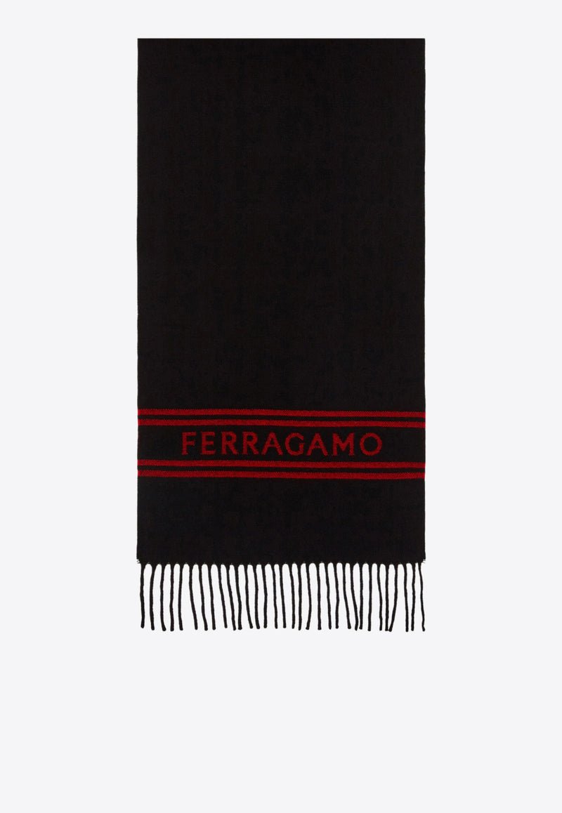 Salvatore Ferragamo Logo Cashmere Fringed Scarf 520106 SR BANDFERR 770207 BLACK/ RED