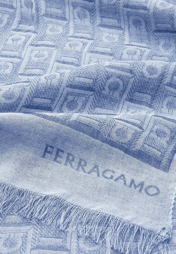 Salvatore Ferragamo Gancini Monogram Print Stole Blue 520118 ST MONOCOT 776124 LIGHT DENIM