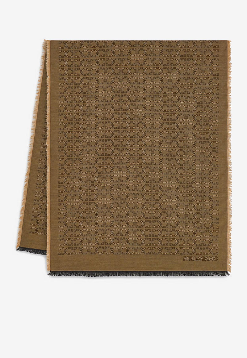 Ferragamo Gancini Jacquard Silk-Blend Scarf Camel 520129 ST ZELIG 779426 CAMEL