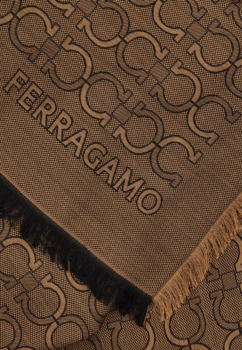 Ferragamo Gancini Jacquard Silk-Blend Scarf Camel 520129 ST ZELIG 779426 CAMEL