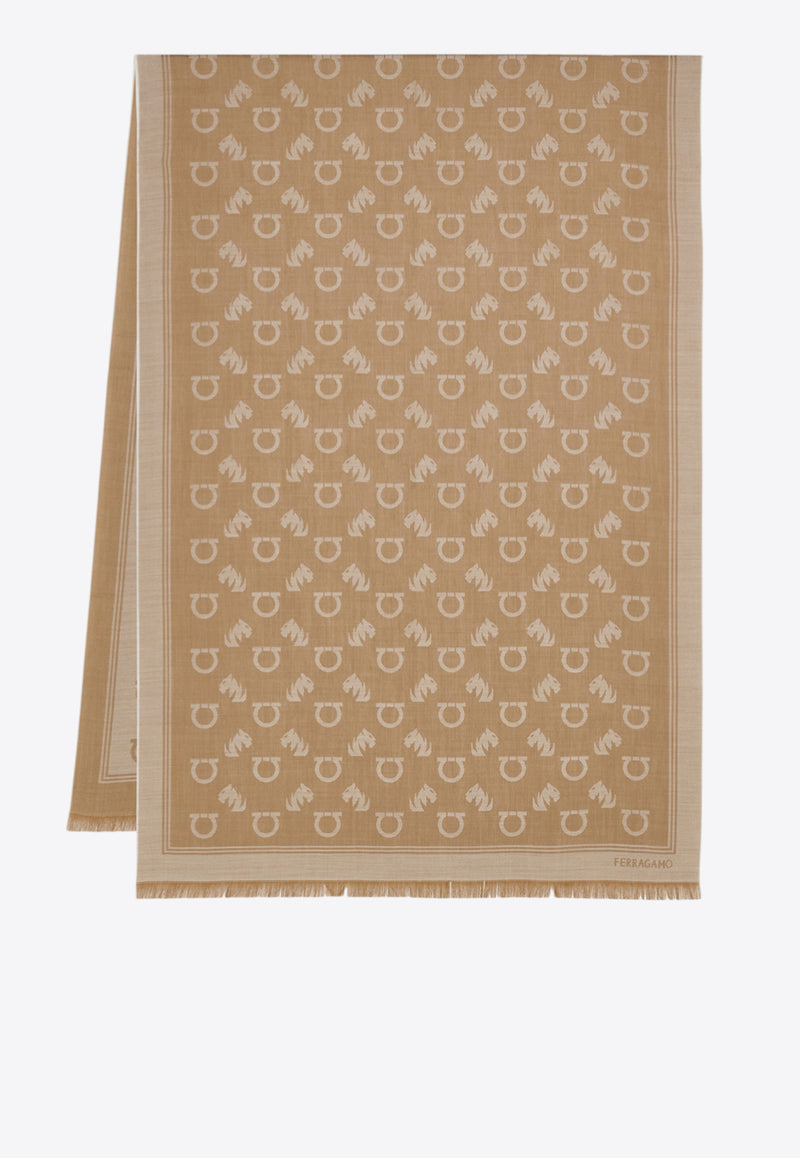 Ferragamo Feline and Gancini Jacquard Stole Beige 520141 ST TIGAN 785236 CAMEL/SAFARI