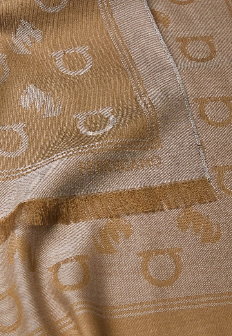 Ferragamo Feline and Gancini Jacquard Stole Beige 520141 ST TIGAN 785236 CAMEL/SAFARI