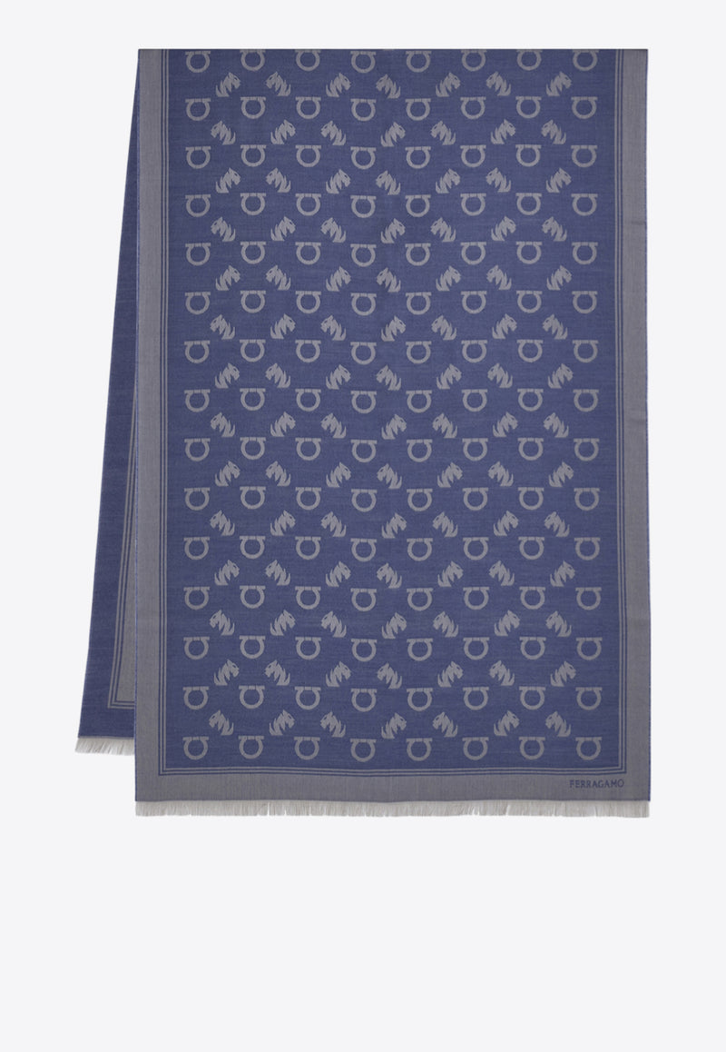 Ferragamo Feline and Gancini Jacquard Stole Denim 520141 ST TIGAN 785238 NA