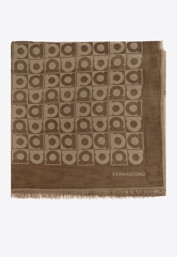 Ferragamo Gancini Optical Print Shawl Brown 520143 ST GANCUBO 785249 EXPRESSO/CAMEL