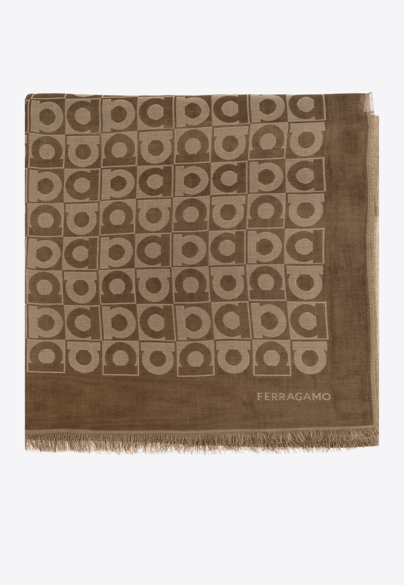 Ferragamo Gancini Optical Print Shawl Brown 520143 ST GANCUBO 785249 EXPRESSO/CAMEL