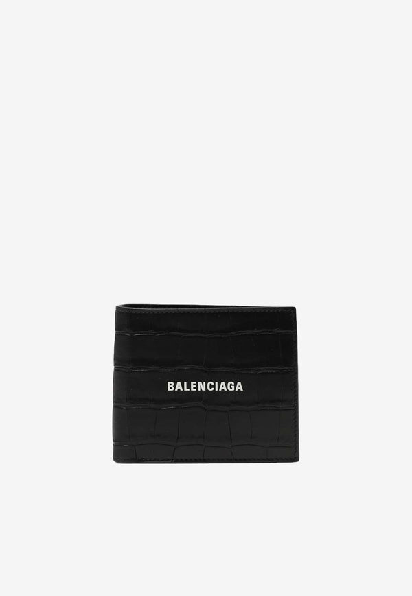 Balenciaga Logo Bi-Fold Wallet in Croc-Embossed Leather 594315-1ROP3BLACK