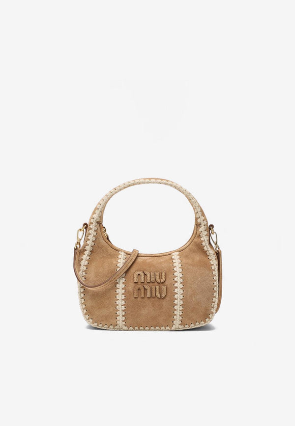 Miu Miu Wander Crochet Knit-Trimmed Suede Shoulder Bag Sand 5BC125OWR2IBG/R_MIU-F0401