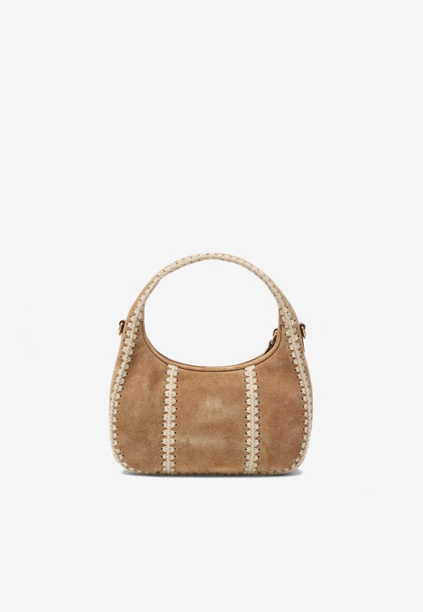 Miu Miu Wander Crochet Knit-Trimmed Suede Shoulder Bag Sand 5BC125OWR2IBG/R_MIU-F0401