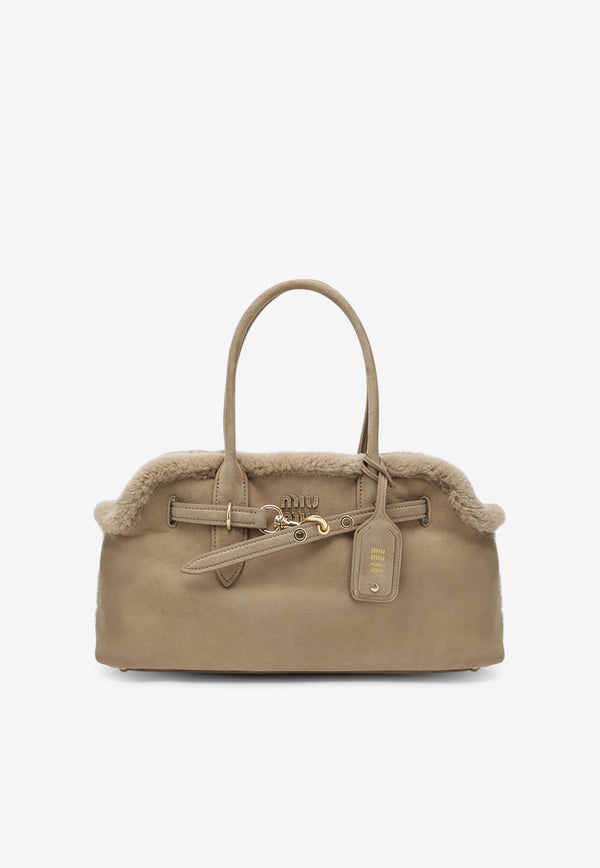 Miu Miu Aventure Suede Shearling Top Handle Bag Sand 5BG310OLS2IDK/R_MIU-F0036