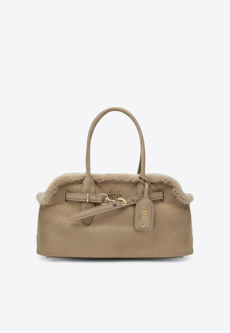 Miu Miu Aventure Suede Shearling Top Handle Bag Sand 5BG310OLS2IDK/R_MIU-F0036