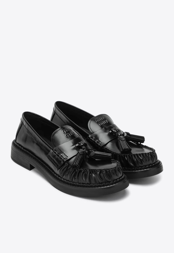 Miu Miu Brushed Leather Tassel Loafers Black 5D497E030055/R_MIU-F0002