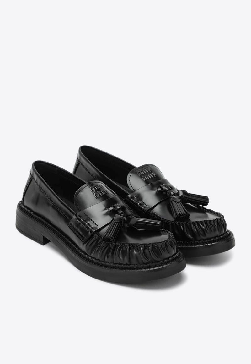 Miu Miu Brushed Leather Tassel Loafers Black 5D497E030055/R_MIU-F0002