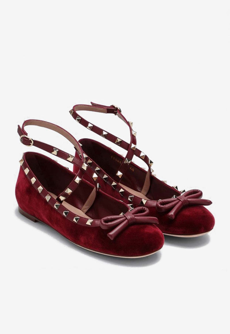 Valentino Rockstud Velvet Ballet Flats Red 5W2S0HB6CWY/P_VALE-C52