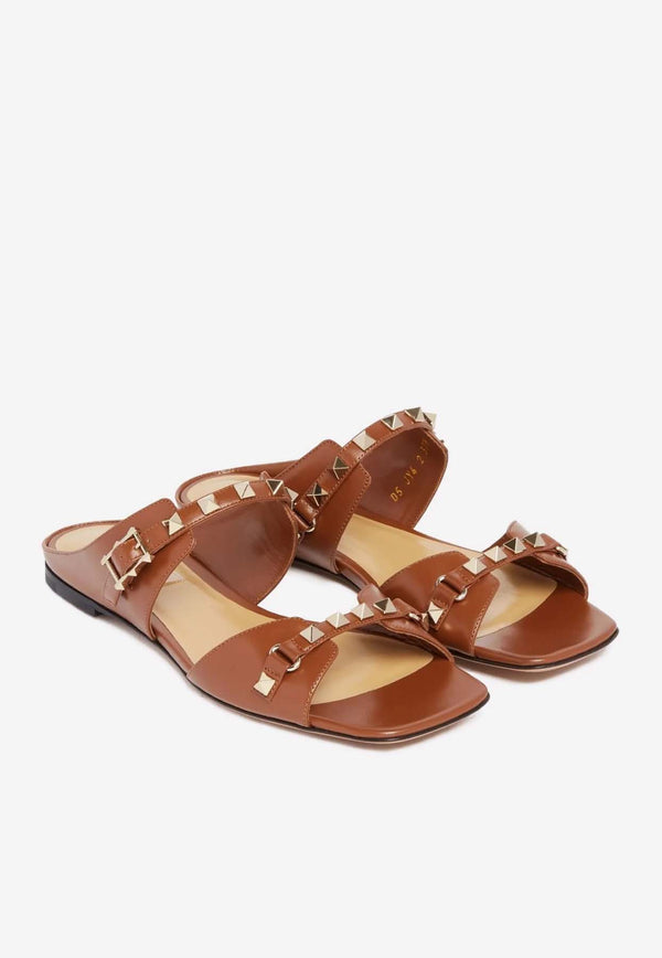 Valentino Rockstud Leather Flat Sandals Brown 5W2S0JY4RPX N58