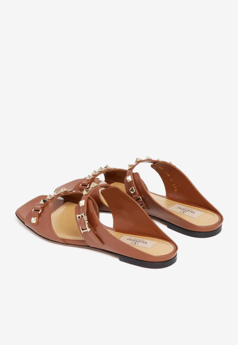 Valentino Rockstud Leather Flat Sandals Brown 5W2S0JY4RPX N58