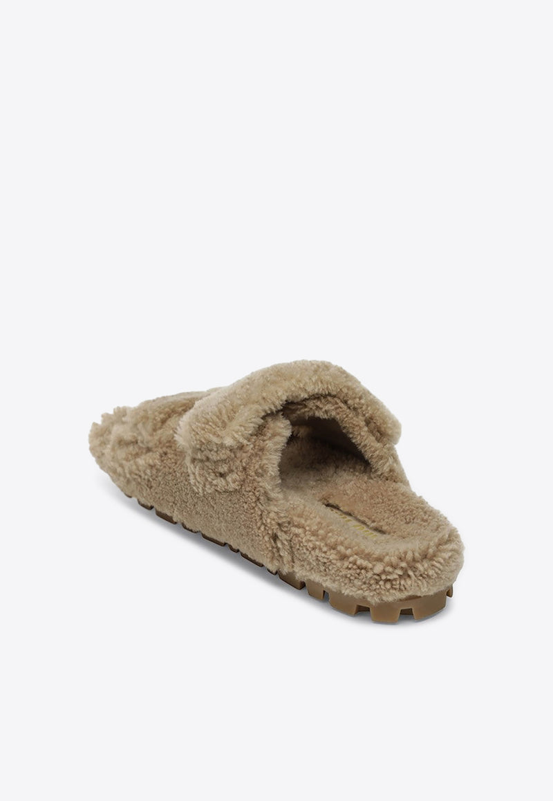 Miu Miu Logo Embossed Shearling Slides Beige 5XX663010173/R_MIU-F0F24