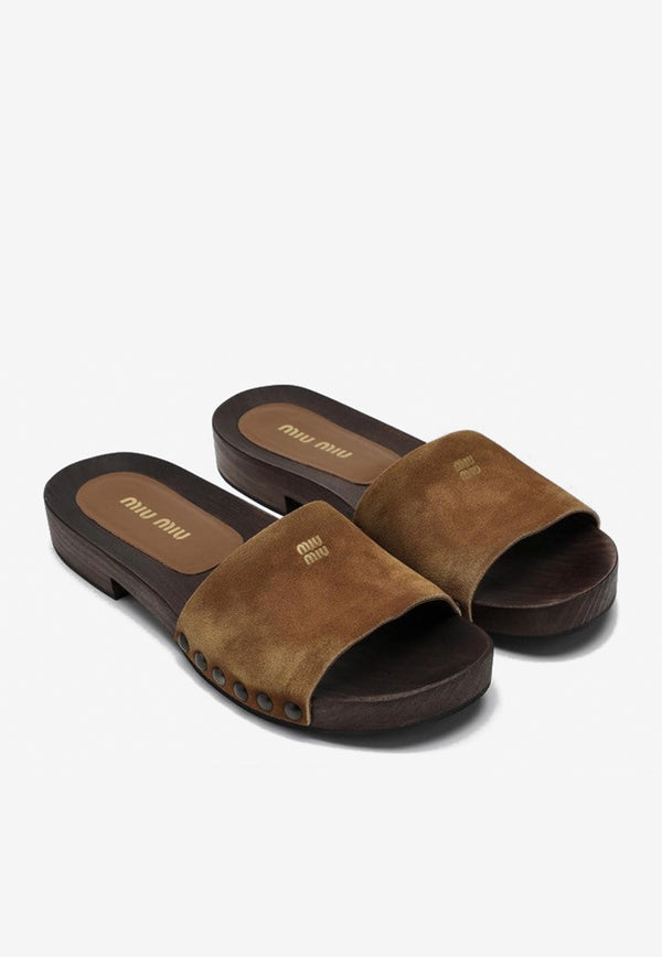 Miu Miu Logo Suede Slides Brown 5Z425EA030Z5O/Q_MIU-F0401