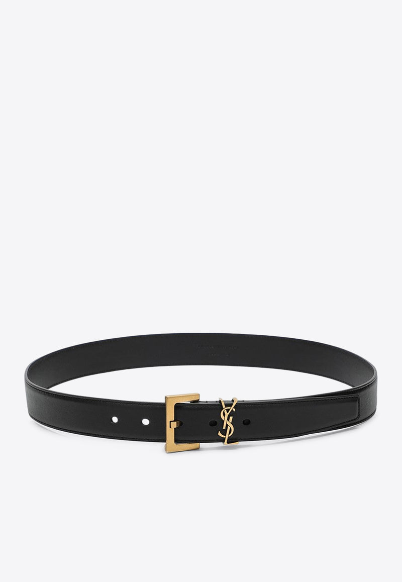 Saint Laurent Cassandre Leather Buckle Belt Black 634437BOO0W/P_YSL-1000