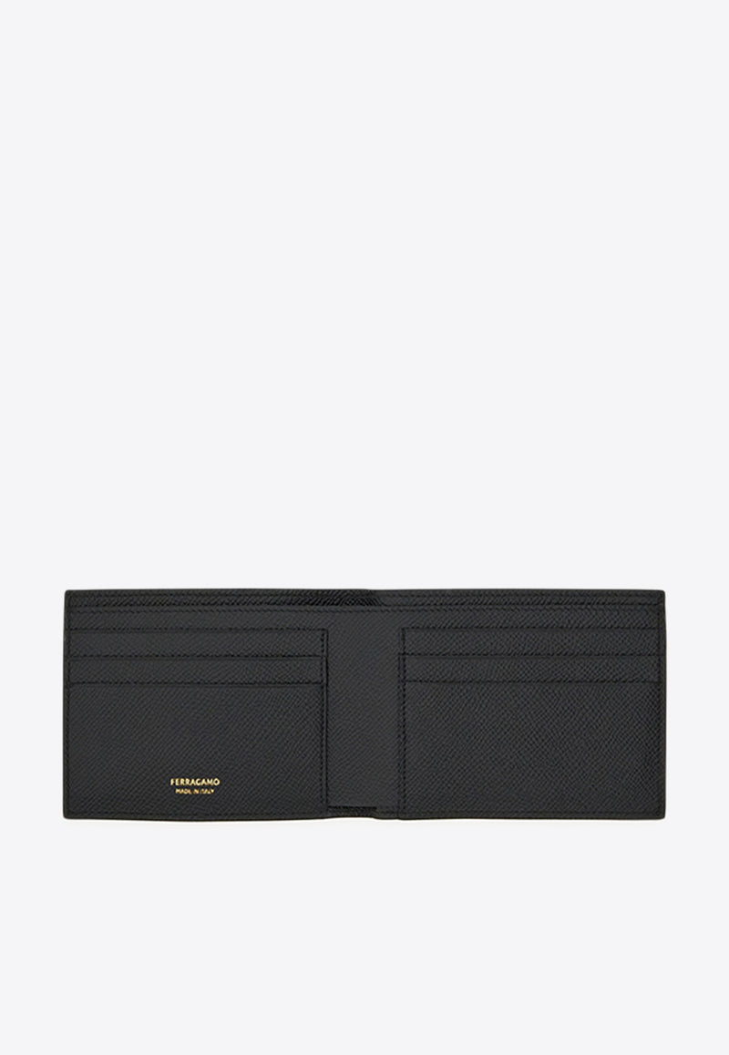 Ferragamo Gancini Grained Leather Bi-Fold Wallet Black 661451 MICRO GANCIO 775644 BLUE GRAPHITE