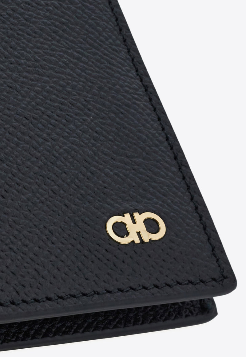 Ferragamo Gancini Grained Leather Bi-Fold Wallet Black 661451 MICRO GANCIO 775644 BLUE GRAPHITE