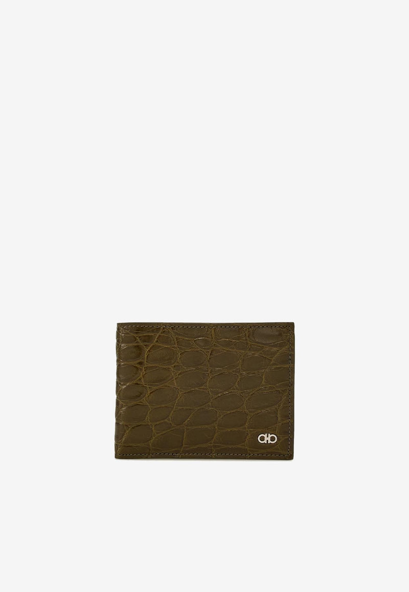 Ferragamo Gancini Croc-Embossed Leather Wallet Olive 661451 MICRO GANCIO 779775 NEW OLIVE