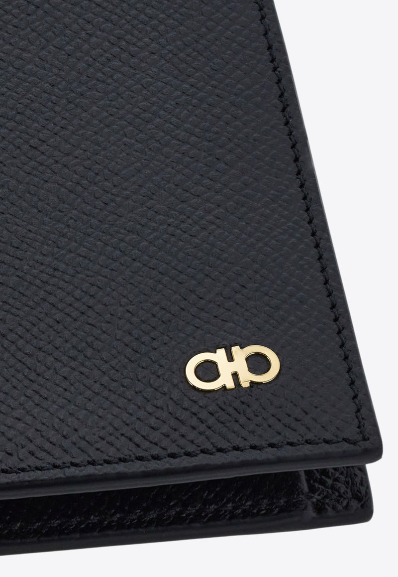 Ferragamo Gancini Grained Leather Bi-Fold Wallet Black 661457 MICRO GANCIO 775650 NERO