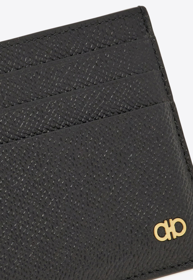 Ferragamo Gancini Grained Leather Cardholder Black 661478 MICRO GANCIO 776843 BLUE GRAPHITE