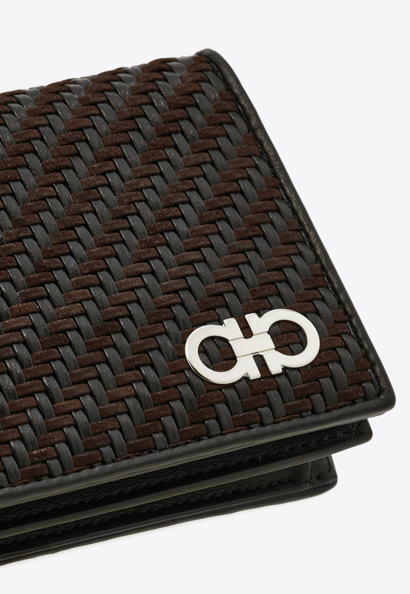 Ferragamo Gancini Woven Leather Bi-Fold Cardholder Brown 661706 GANCIO WOVEN 786403 T MORO/NERO